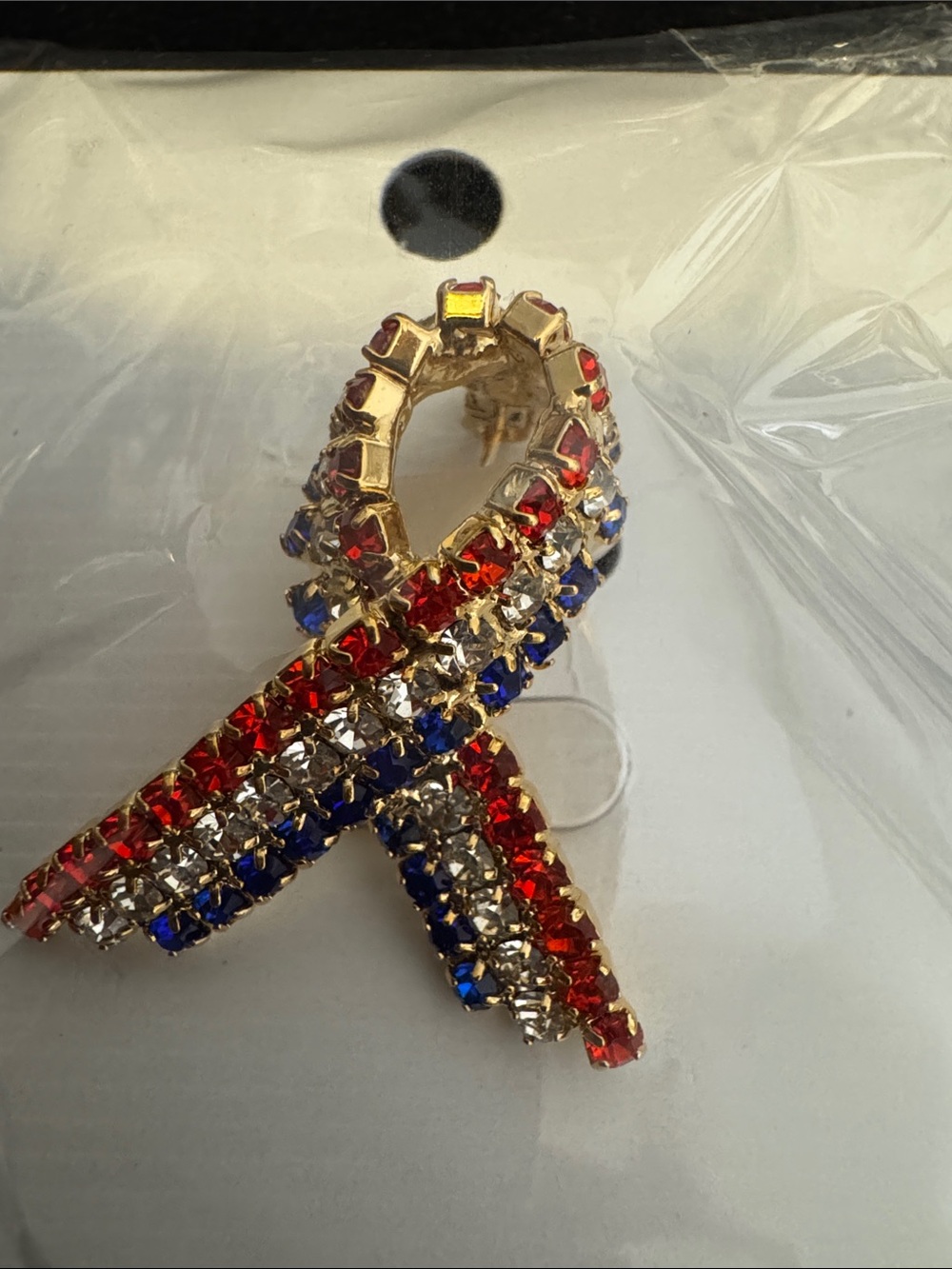 Gold Tone Red, Blue & Clear Rhinestone Ribbon Brooch